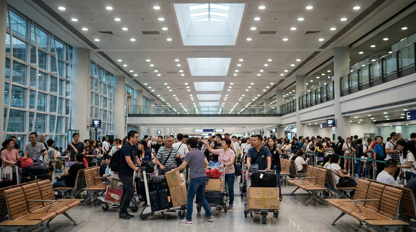 A busy Asian airport arrival hall with many travellers pushing luggage carts in queues, surrounded by wooden benches and bright ceiling lights, vibrant atmosphere