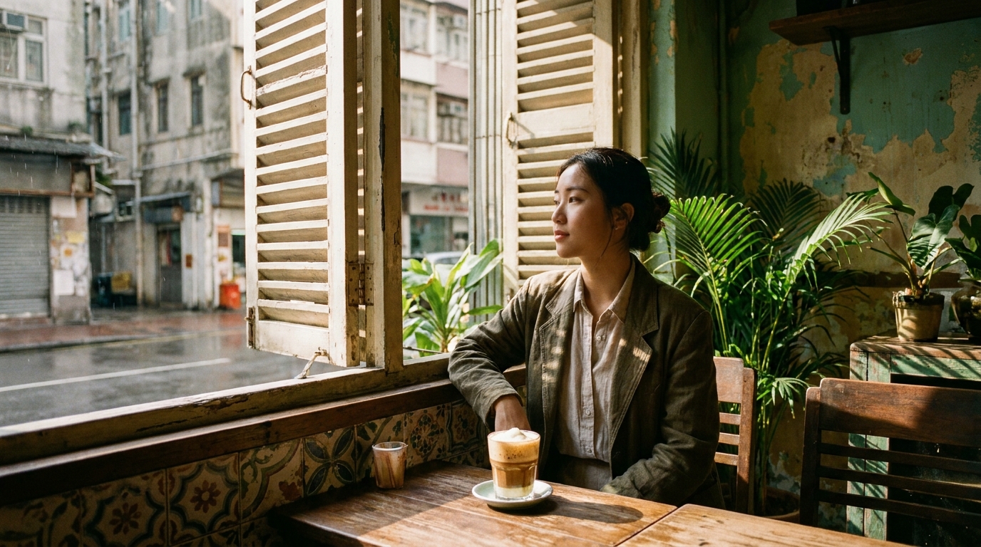 A young woman sitting in a French colonial-style Vietnamese cafe, looking out at the street, a traditional egg coffee on the table, sunlight streaming through the blinds