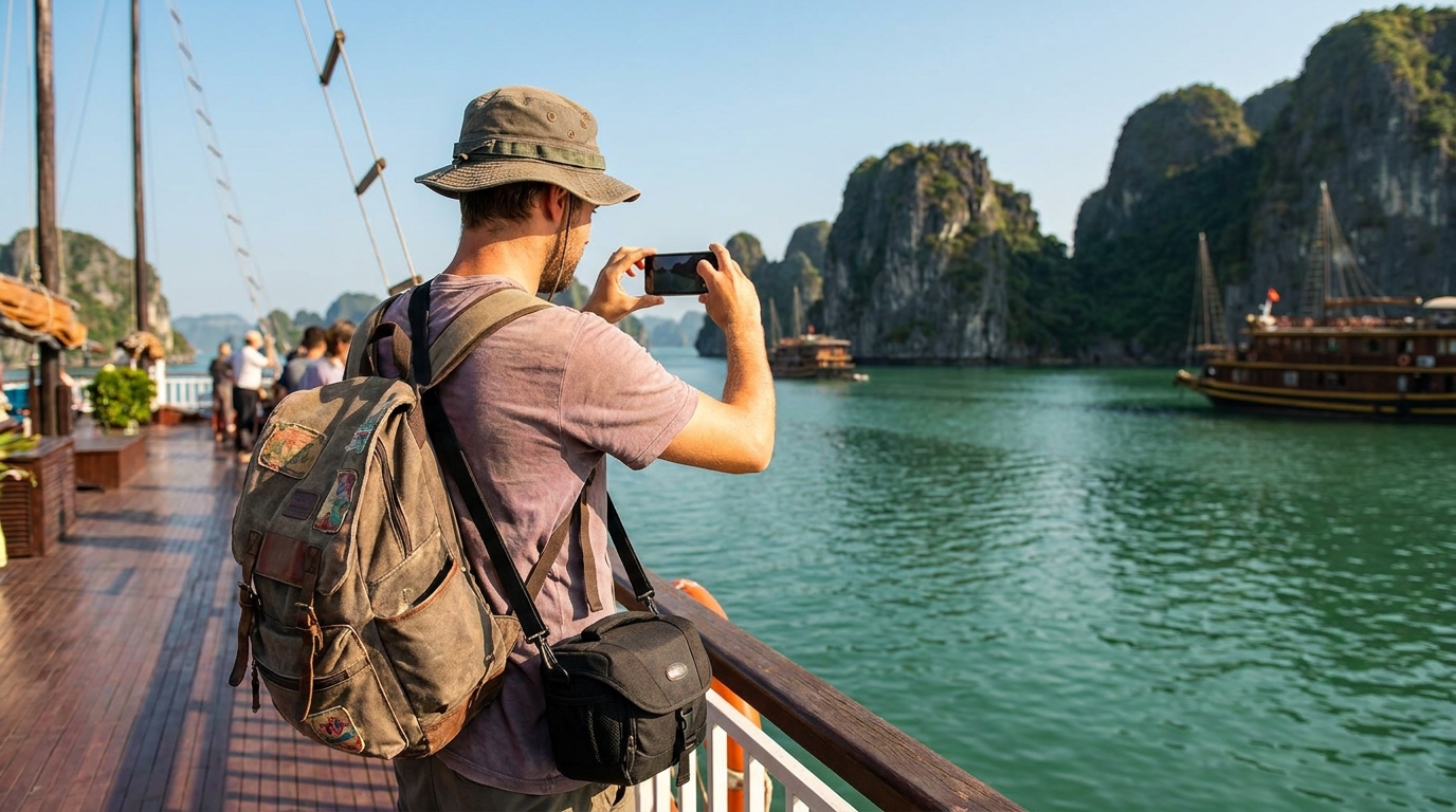 A backpacker standing on the deck of a cruise ship in Ha Long Bay, taking photos with a smartphone, spectacular limestone islands and emerald waters in the background, clear sunny weather