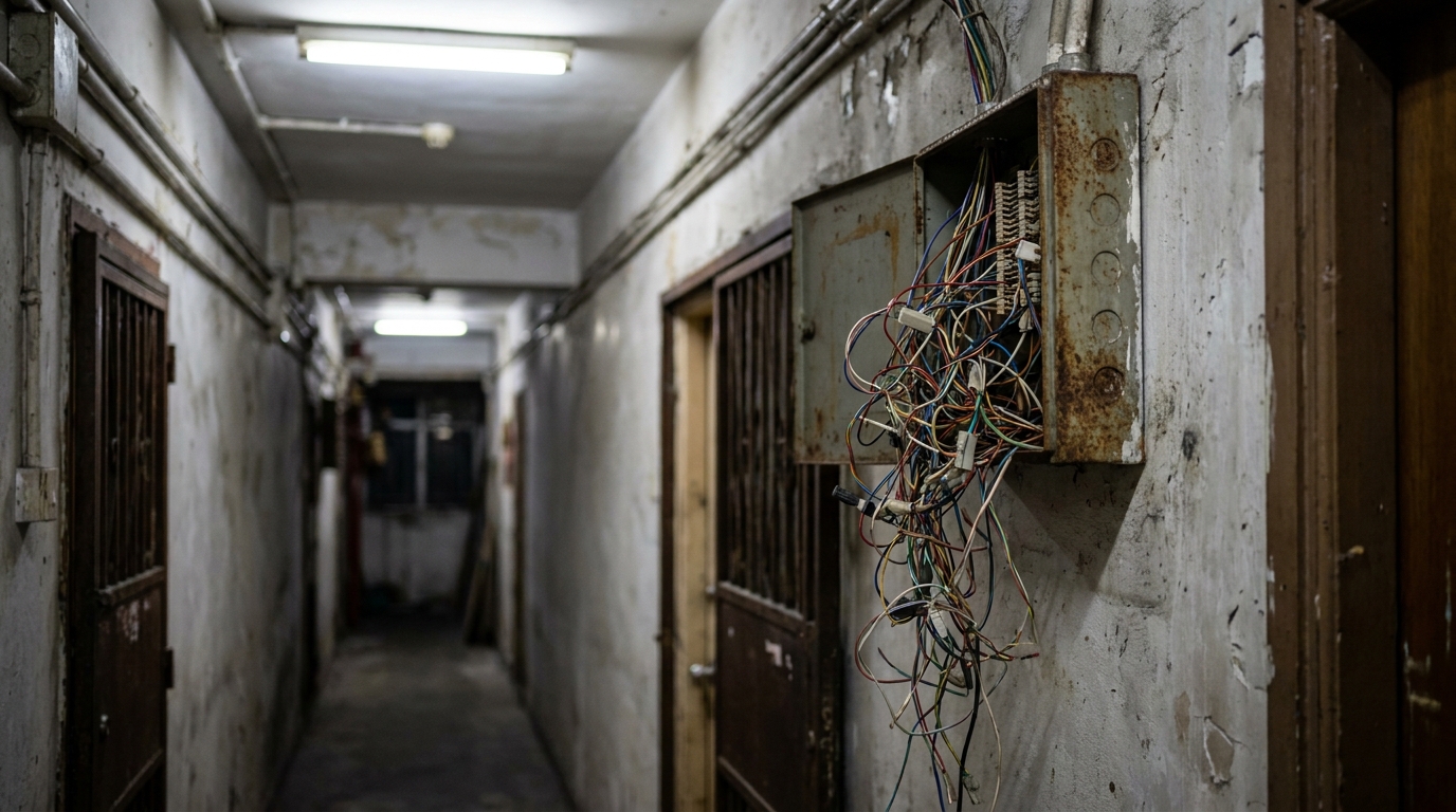 一條舊式住宅大廈走廊，牆身有一個打開咗嘅金屬電訊分線箱，入面佈滿密密麻麻嘅彩色電線，走廊光線略為昏暗