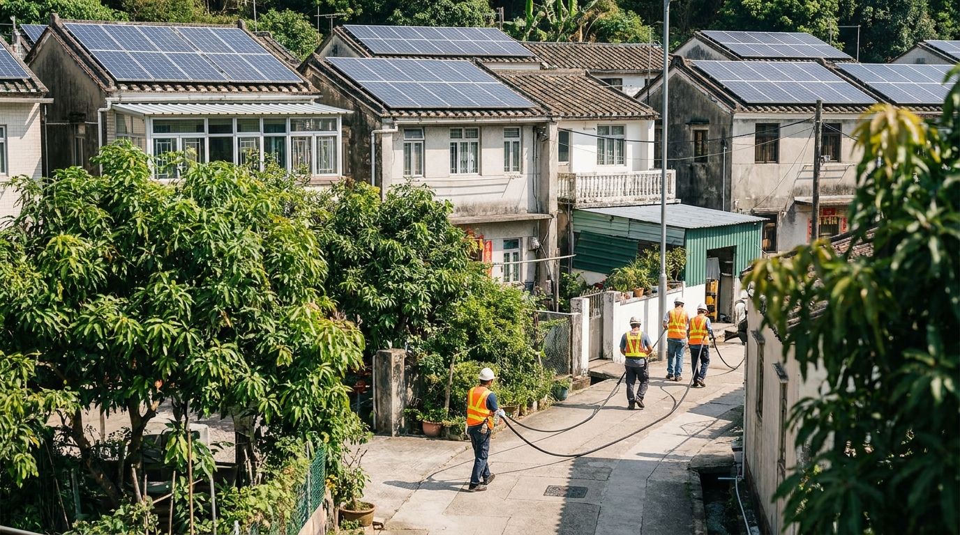 Sunlit New Territories village houses with solar panels on the roofs, green trees along the village path, and a few maintenance workers pulling thick black cables at the street corner, relaxed and natural atmosphere