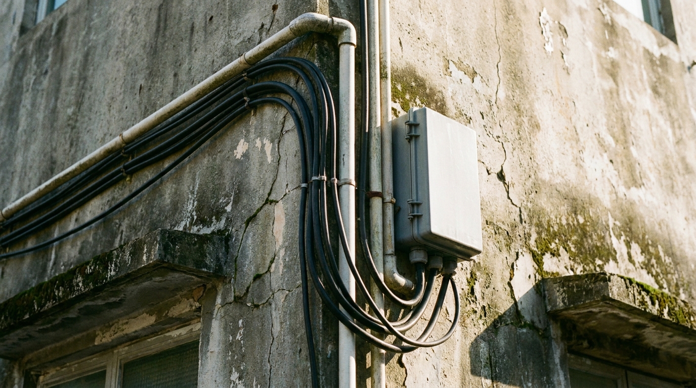 Close-up of a village house exterior wall, with several black wires neatly arranged along the air conditioner pipes, next to a gray waterproof electrical box, sunlight hitting the concrete wall, full of texture