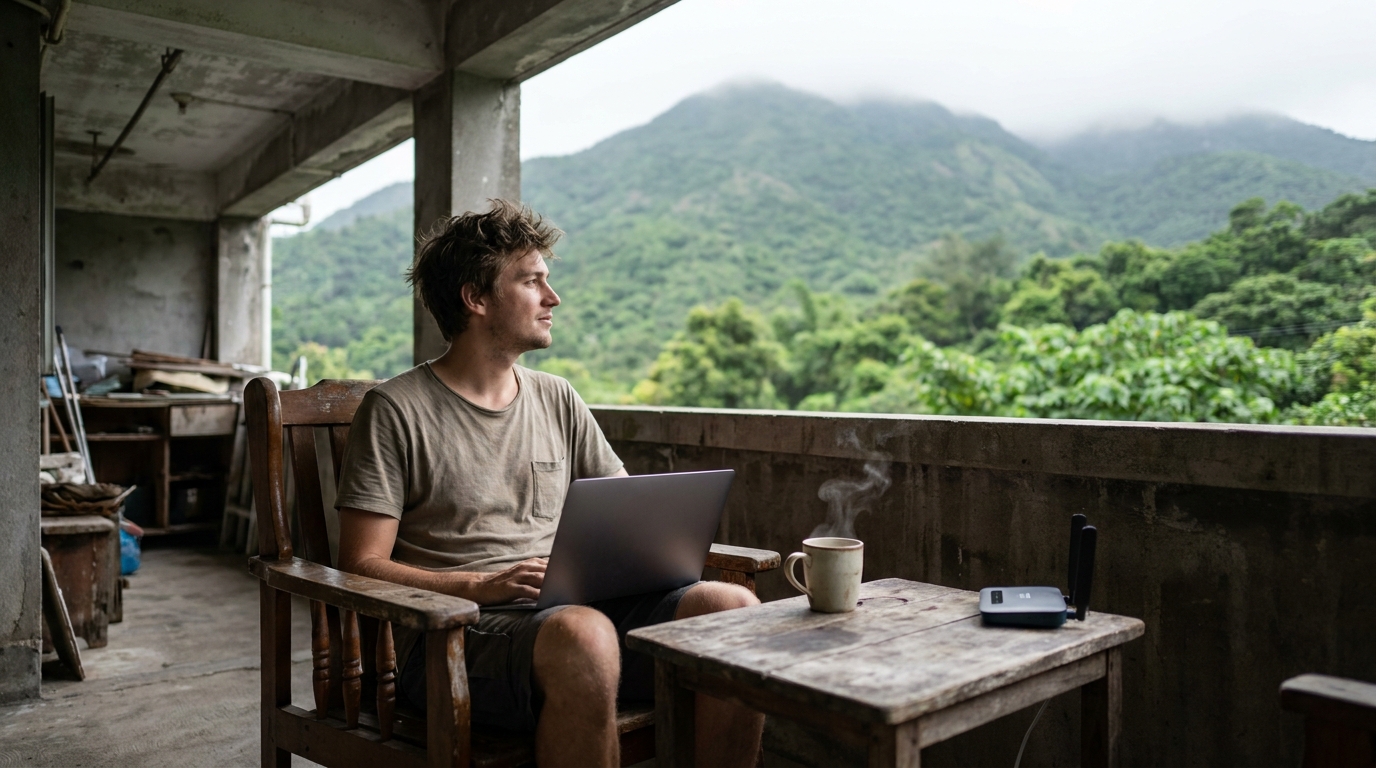A young man sitting on a wooden chair on a village house balcony, facing a green mountain view, with a laptop on his lap and a steaming cup of hot coffee on the table, leisurely surfing the internet on Wi-Fi
