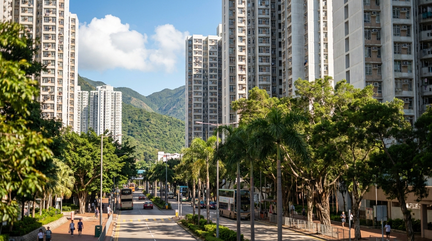 陽光普照嘅香港東涌住宅區，高樓大廈林立，背景有翠綠嘅山景同藍天白雲，有幾棵樹木點綴街道