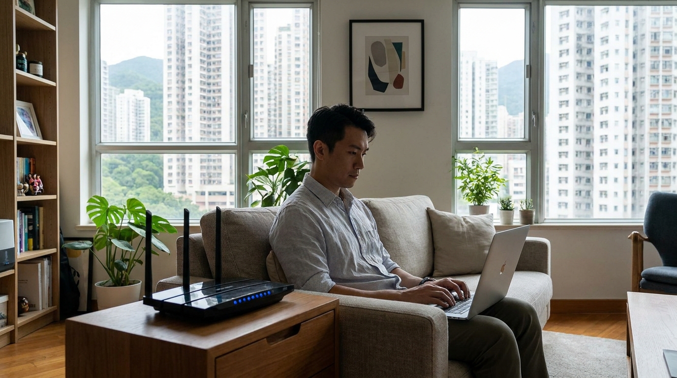 一個現代化嘅客廳，一個男人坐喺梳化度專心用緊一部手提電腦，旁邊有一部黑色嘅路由器閃住藍色燈光，環境舒適光猛