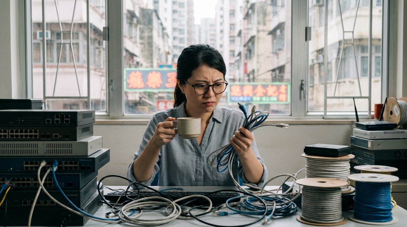 一位戴眼鏡嘅30歲女士，坐喺電腦前面，手揸住一杯咖啡，眉頭深鎖咁檢查緊一堆錯綜複雜嘅電線同網絡設備，場景光線明亮