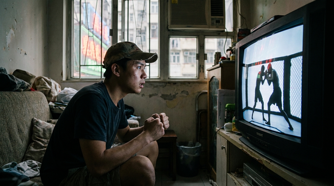 一個戴住鴨舌帽嘅年輕男士，坐喺昏暗嘅客廳梳化上，神情緊張咁望住前面發光嘅大電視，電視畫面顯示兩個人喺八角籠入面格鬥嘅動態剪影。