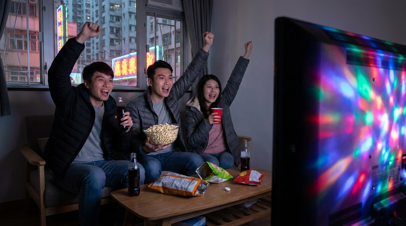 三個朋友喺夜晚嘅客廳入面，手上攞住爆谷同汽水，舉起雙手歡呼慶祝，前方電視屏幕發出強烈嘅彩色光芒照亮佢哋嘅面孔。