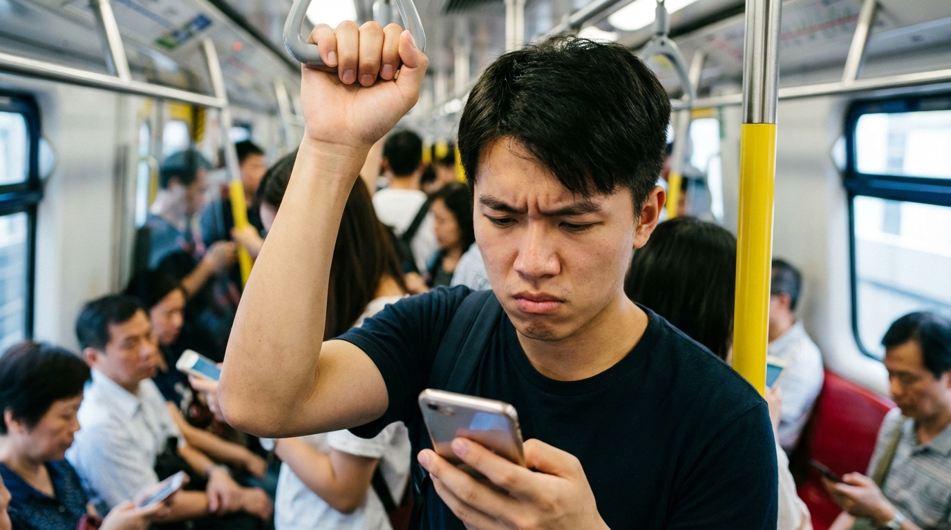 a young man in a crowded MTR carriage, holding a handrail with one hand and watching a video on his smartphone with the other, looking somewhat frustrated with a focus on his furrowed brows