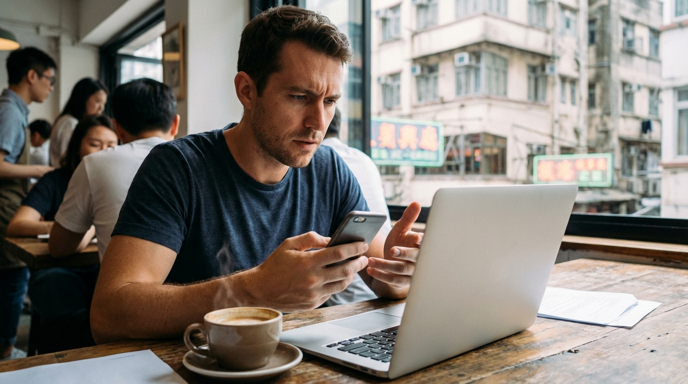 a freelancer sitting in a cafe with a silver laptop and a hot coffee on the table, focused on trying to connect their laptop to the internet using their smartphone