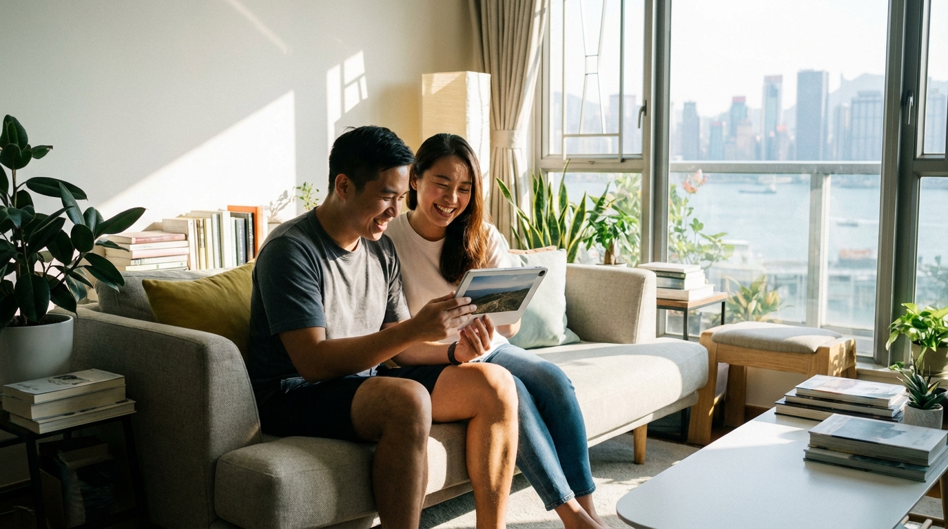 a man and a woman sitting on a sofa at home, looking at a tablet together and smiling in a relaxed and cozy atmosphere, the living room has a modern decor with sunlight streaming in through the window