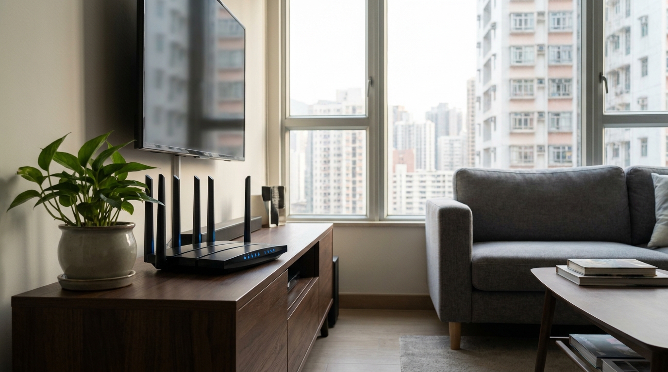 a modern Hong Kong living room with soft lighting, a high-tech black router with multiple antennas on a TV cabinet, next to a green potted plant