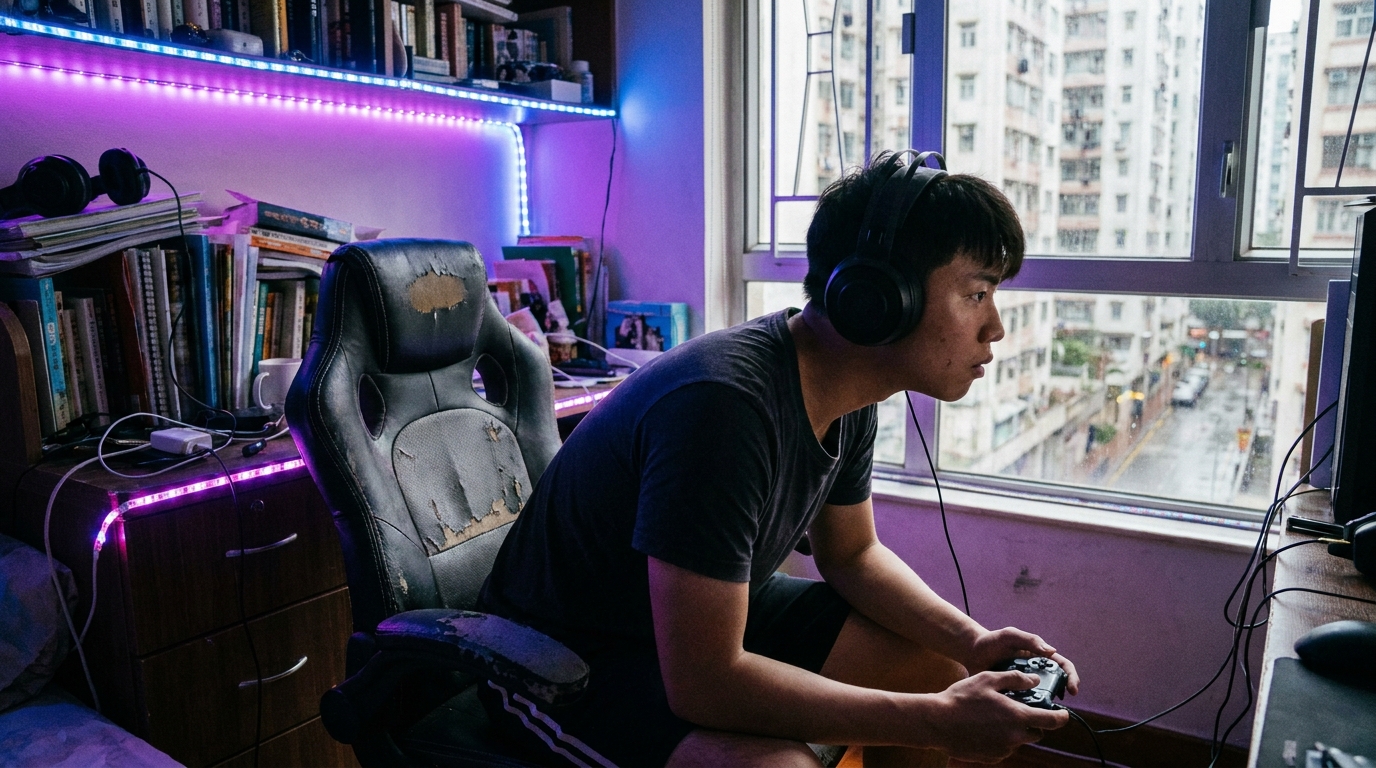 a young man sitting on a gaming chair in a study, wearing headphones, holding a game controller with both hands, looking focused, room has purple and blue LED ambient lighting