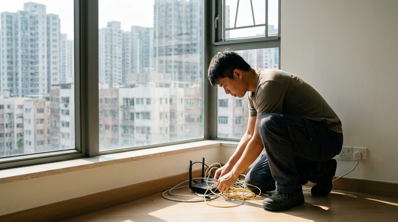 a professional technician in a spacious living room, crouching down to organize fibre cables and a modem near the skirting board, with sunlight streaming in through floor-to-ceiling windows