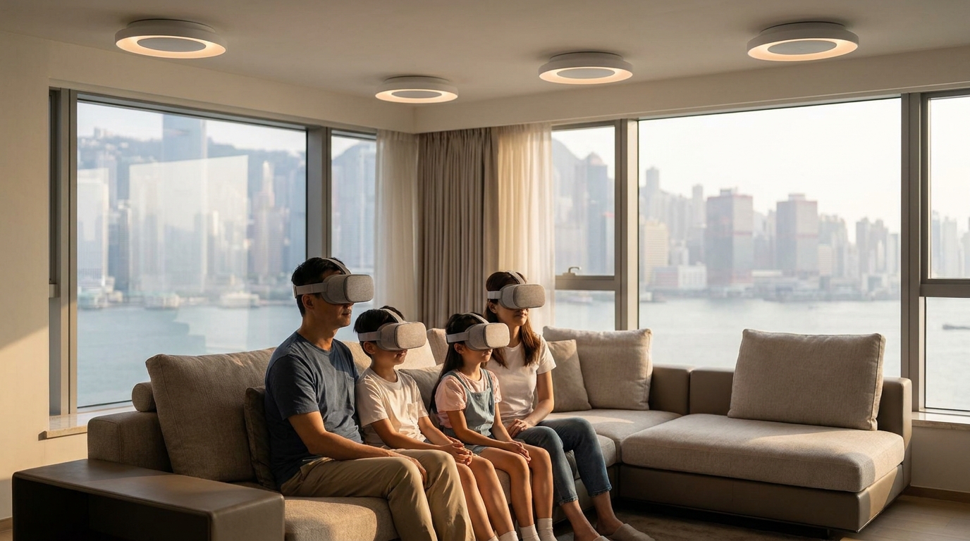 A modern Hong Kong family living room with several minimalist circular transmitters on the ceiling, a family sitting on the sofa watching a movie with VR headsets, soft ambient lighting, highly futuristic