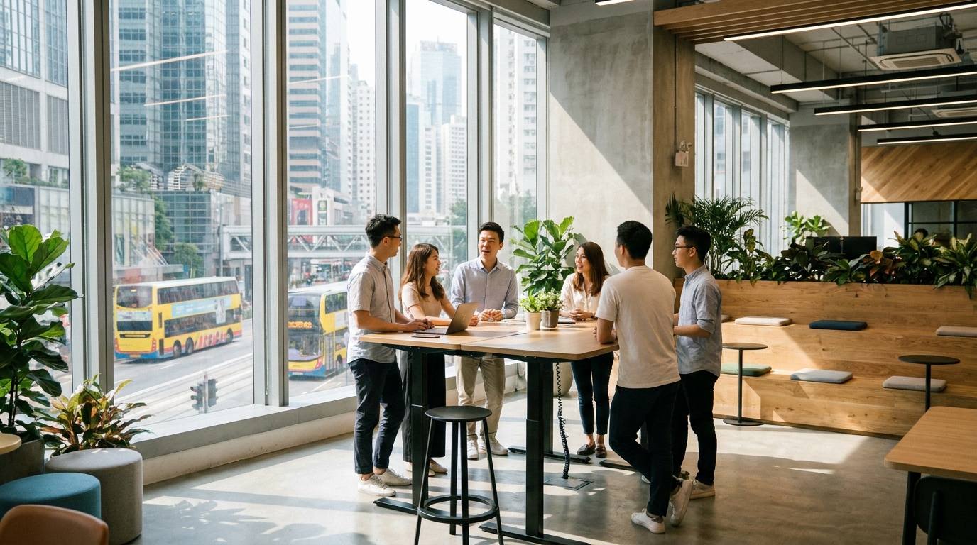 A busy modern open-plan office, several young professionals chatting next to a large standing desk, sunlight streaming in through floor-to-ceiling windows, overall bright and energetic vibe