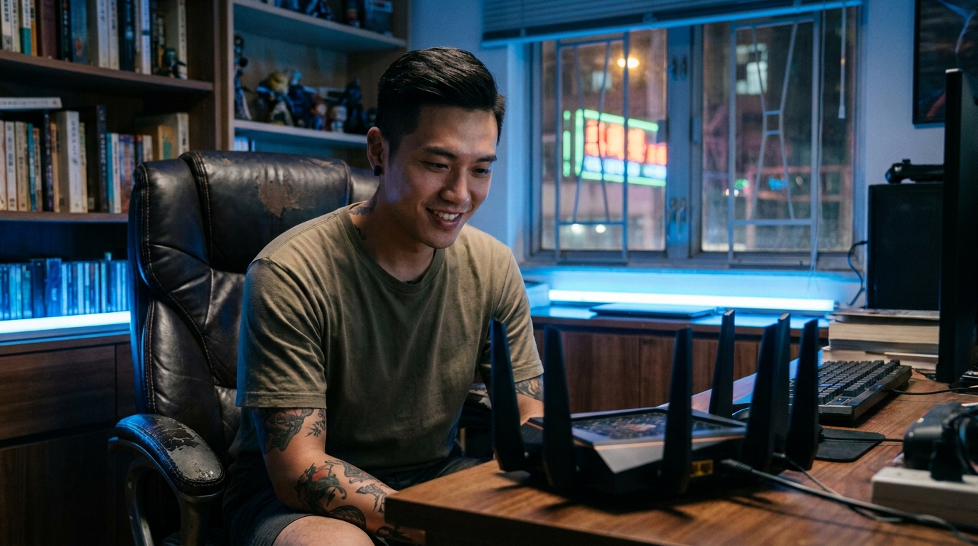 A young man sitting in a gaming chair in a dark study, looking with satisfaction at a highly futuristic black multi-antenna router on the desk, the room has faint blue ambient lighting