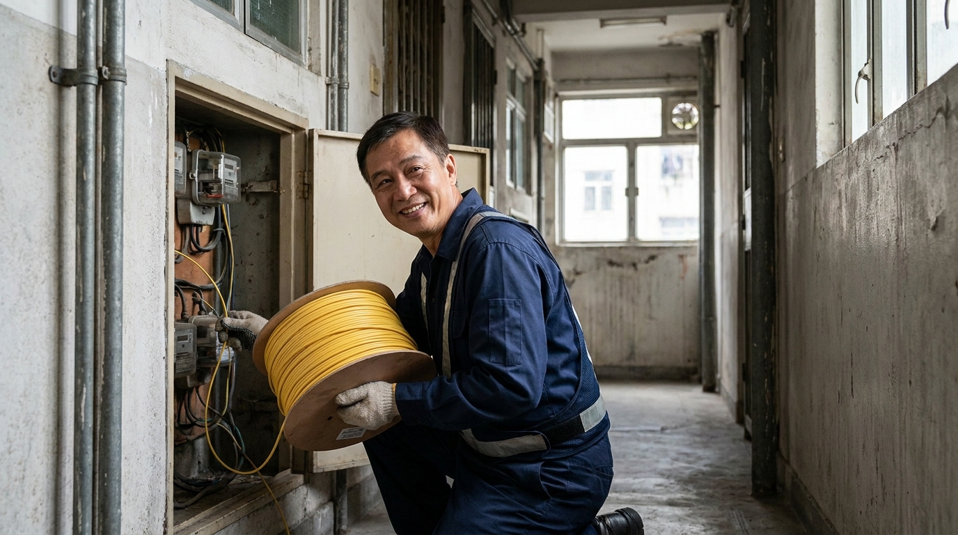 一個笑容滿面嘅香港電訊維修師傅，著住整齊深色工作服，喺走廊打開電表房門，手持一卷黃色光纖線準備進行拉線工程