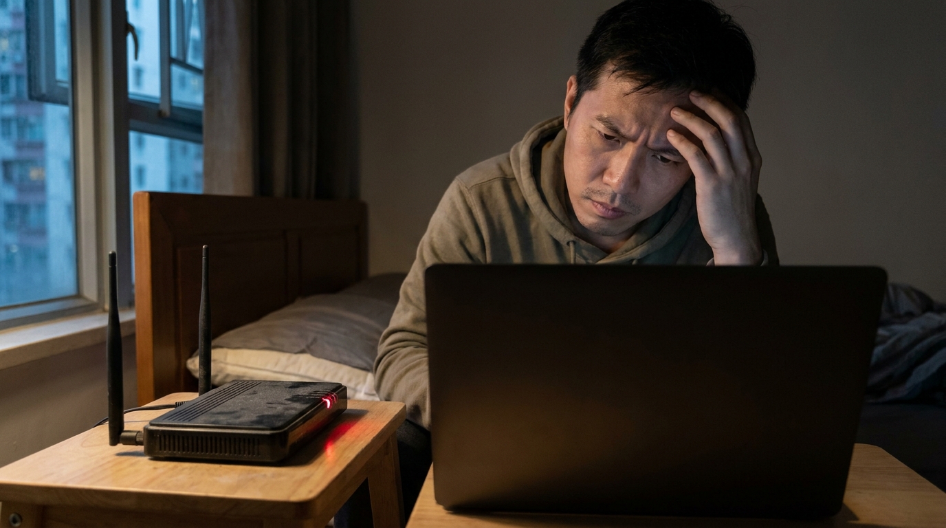 一個三十歲嘅男士，喺昏暗嘅睡房入面眉頭深鎖咁望住手提電腦，旁邊有一部發出微弱紅光嘅舊式天線路由器