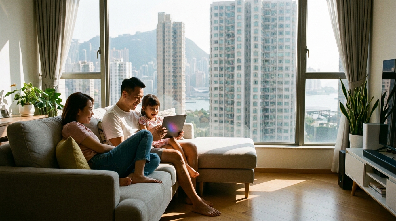 一家三口喺香港現代化屋苑嘅客廳梳化度放鬆休息，爸爸同囡囡一齊望住平板電腦笑，陽光由窗外透入